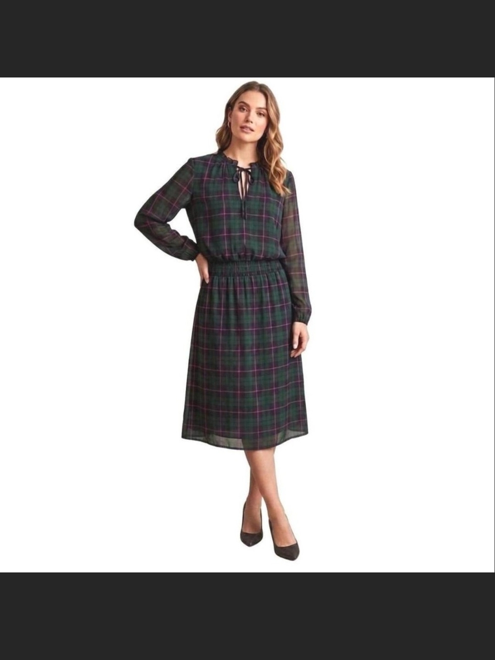 J. Crew Dark Green Plaid Long-Sleeve Midi Dress